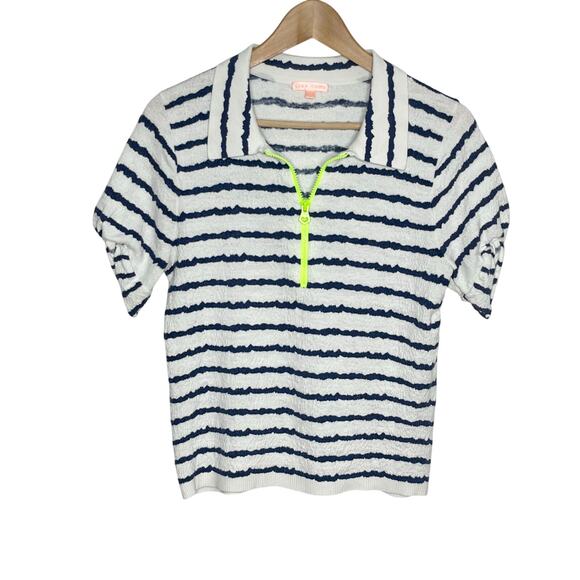 Lisa Todd Short Sleeve Get In Line Top Womens Small Navy Stripe Polo Preppy - Picture 2 of 12